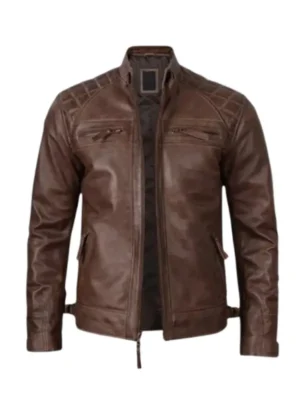 Mens Quilted Brown Biker Leather Jacket